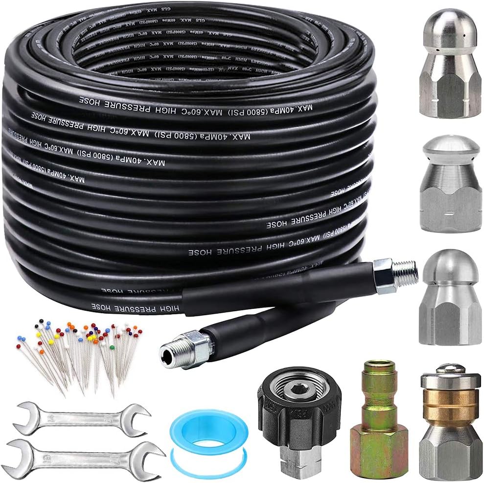 Sewer Jetter Kit for Pressure Washer 50FT, 5800PSI Drain Cleaner Hose 1/4 Inch NPT, Rotating Sewer Jetting Nozzle, Waterproof Tape Pack of 2 C191693