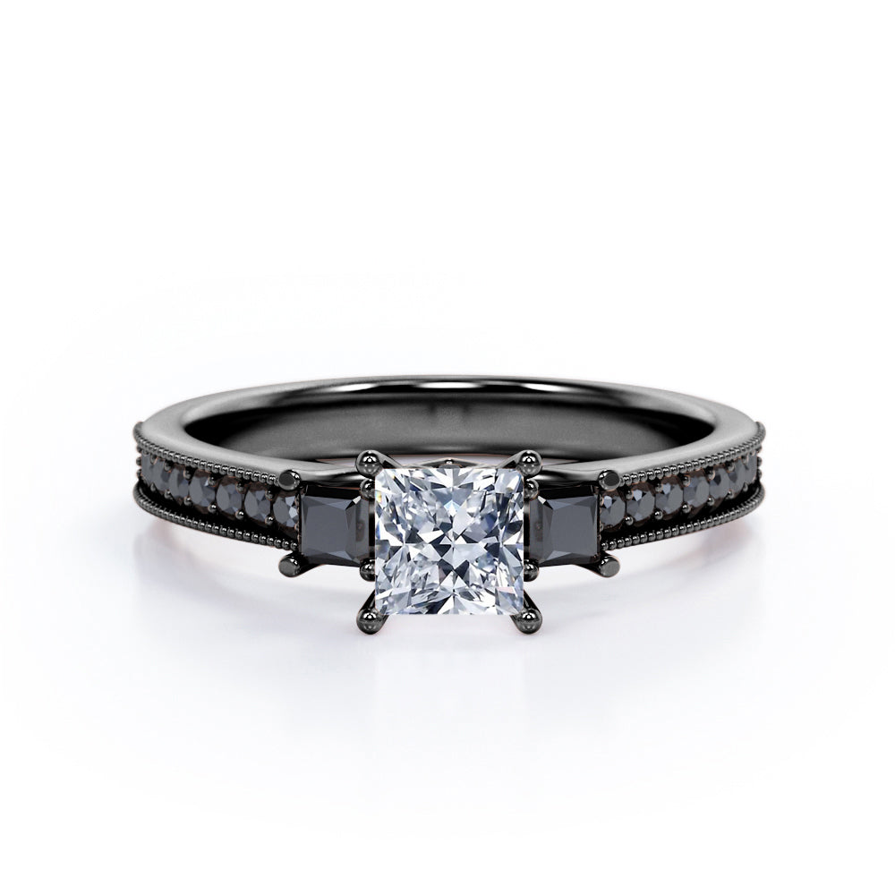 0.5 TCW Princess Cut Moissanite Engagement Ring with Lab Created Black Diamond C2918