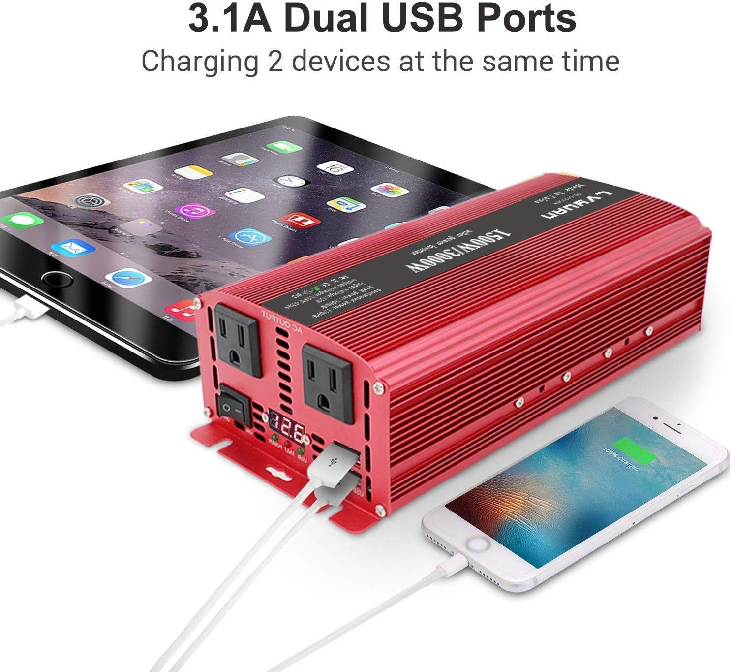1500W DC 24V to 110V/120V AC Power Inverter with 2 AC Outlets and Dual 3.1A USB Ports Q5451