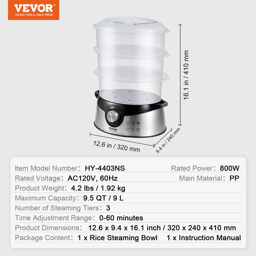 9.5Qt Electric Food Steamer 3-Tier 800W T395