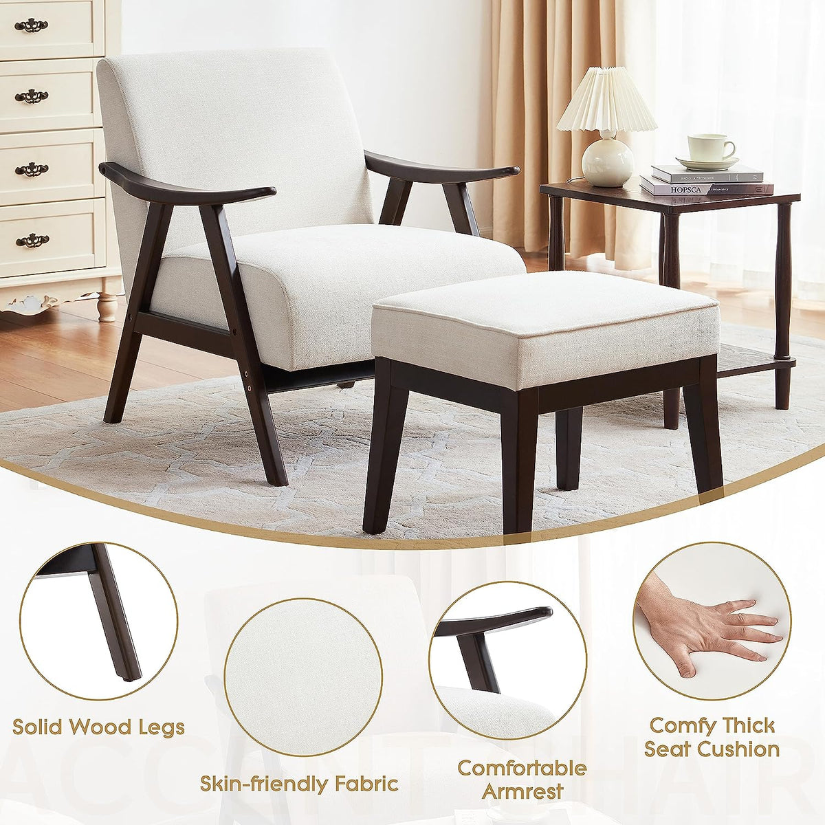 Beige Upholstered Accent Chair with Ottoman and Solid Wood Frame O299740