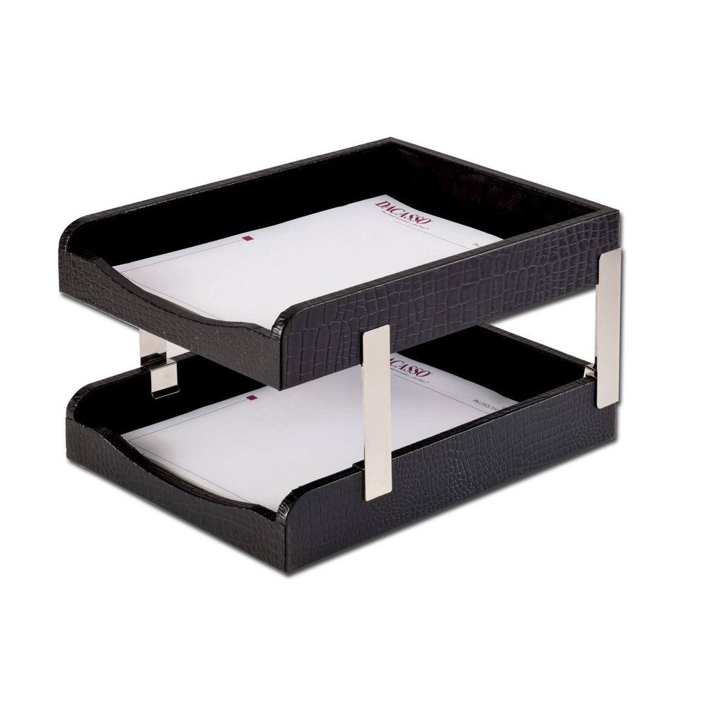 Black Crocodile Embossed Leather Double Letter Trays J356