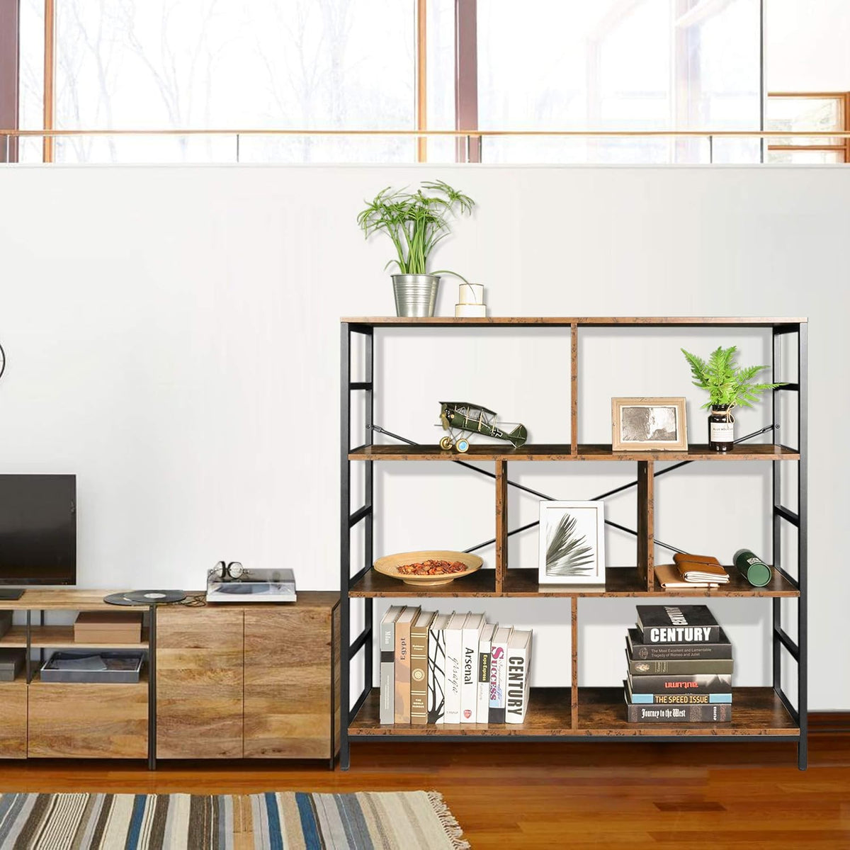 Rustic Brown 3-Tier Bookcase with Open Storage Shelves Y4399