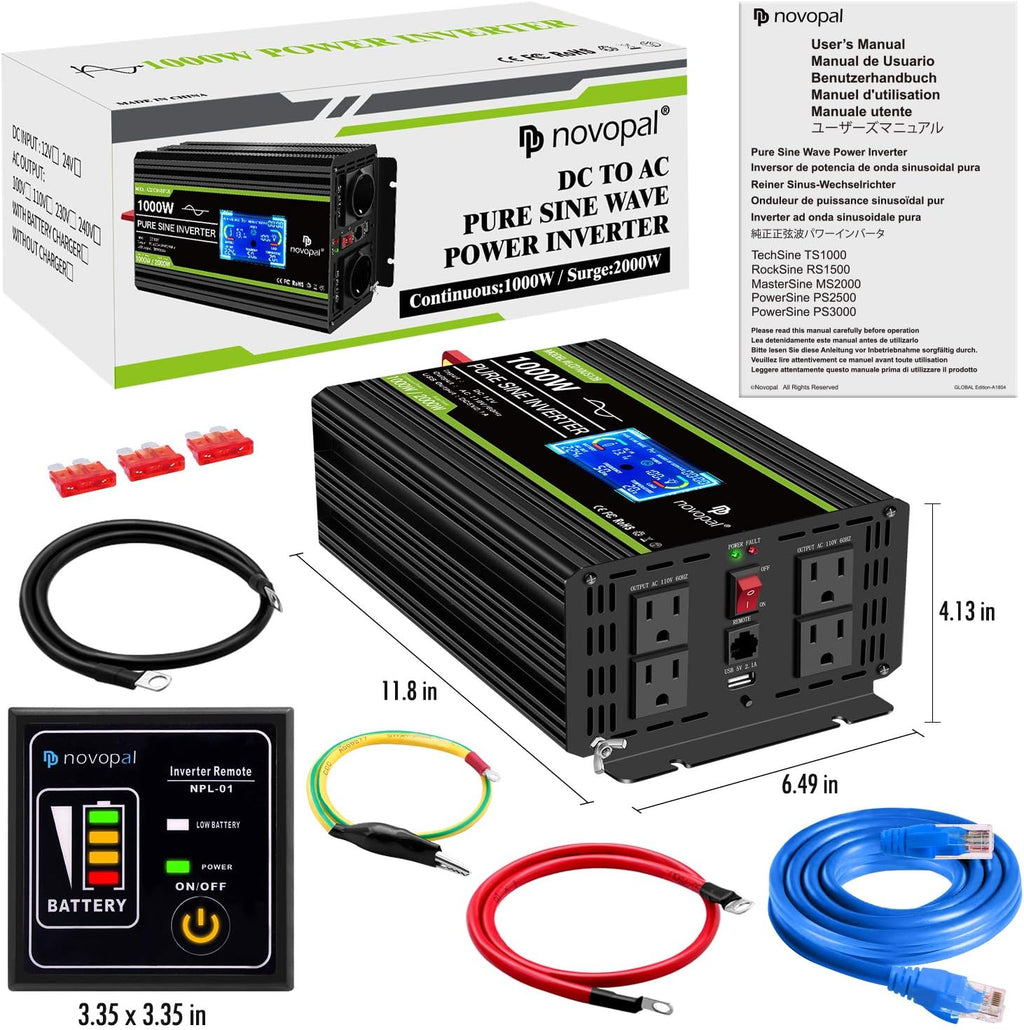 1000 Watt 12V DC to 110V AC Pure Sine Wave Power Inverter with 4 AC Outlets and 1 USB Port B1803