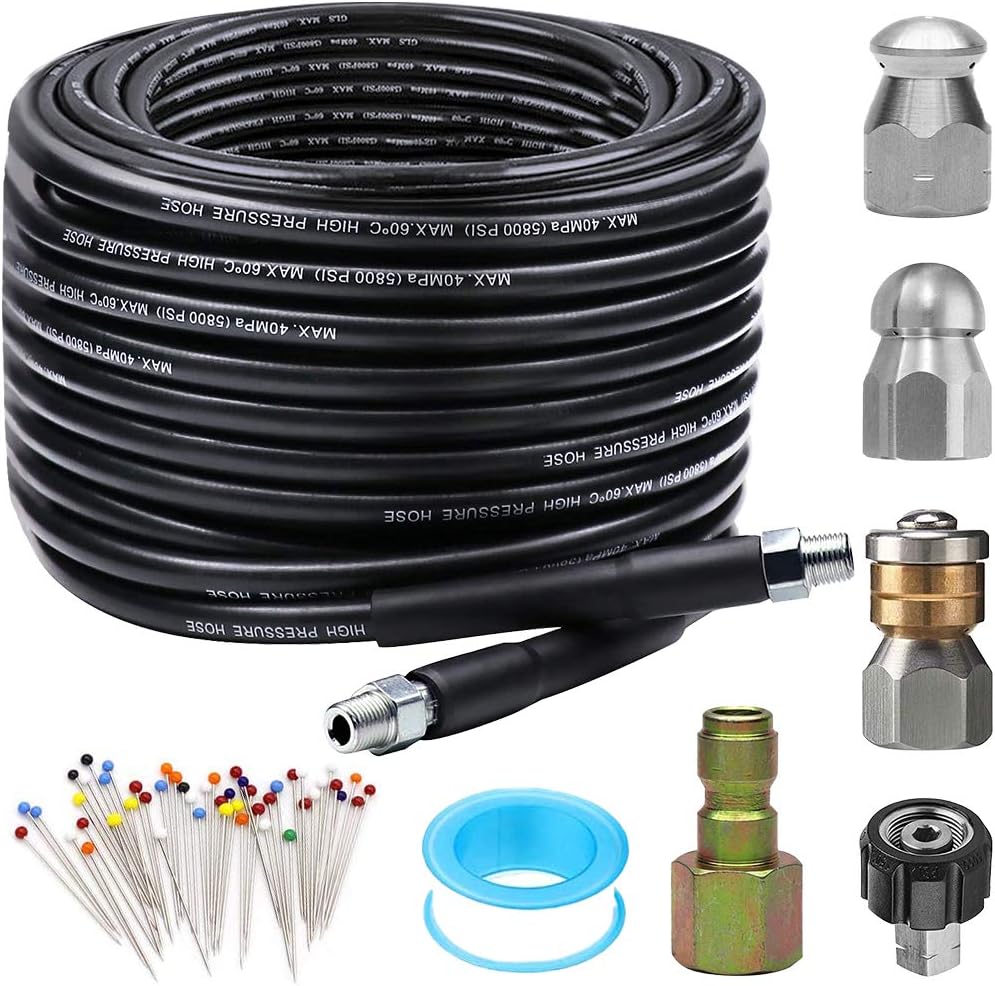 Sewer Jetter Kit for Pressure Washer 50FT, 5800PSI Drain Cleaner Hose 1/4 Inch NPT, Rotating Sewer Jetting Nozzle, Waterproof Tape Pack of 2 C191693