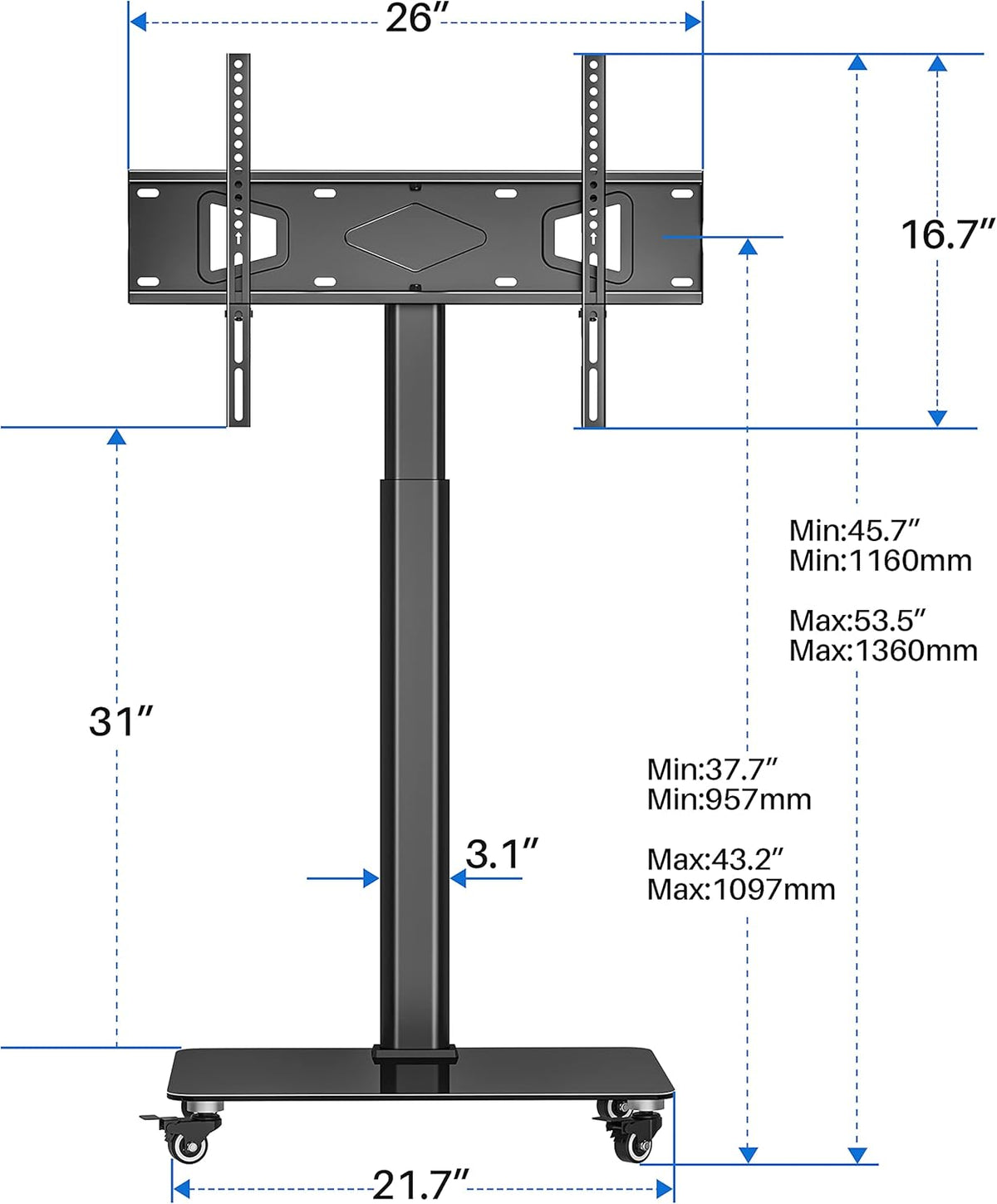 Tall TV Stand with Wheels, Height Adjustable, Max VESA 600x400mm U644075