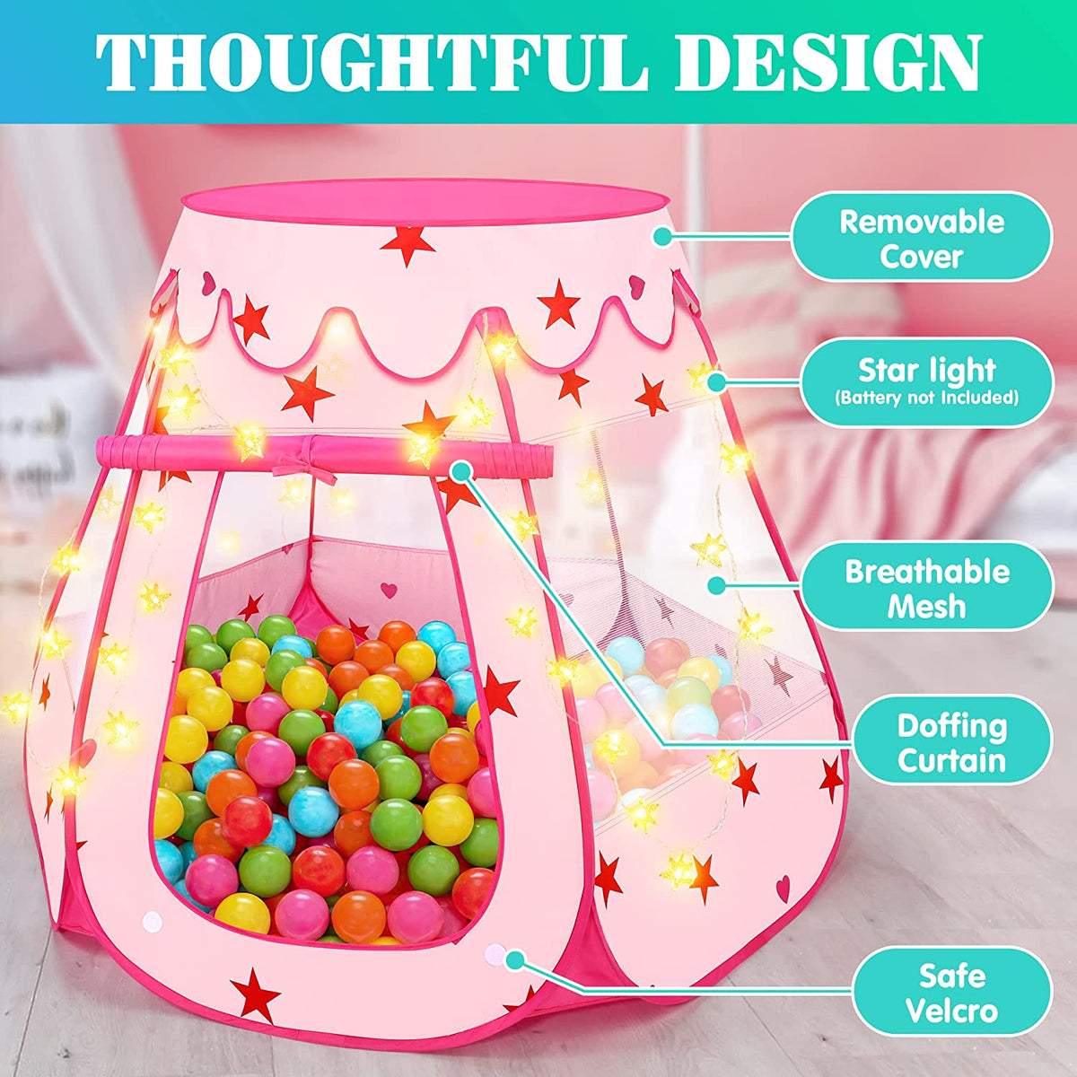 Princess Pop Up Tent with Star Lights and Portable Bag J6749
