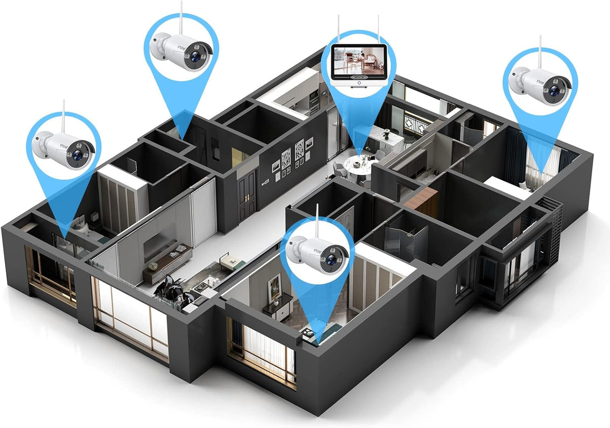 3MP 8CH Wireless Security Camera System with 12" Monitor, 4Pcs Outdoor Indoor IP Cameras Z53510
