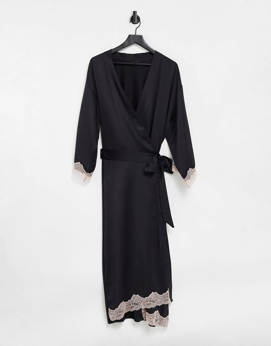 Black Satin Maxi Kimono F6732