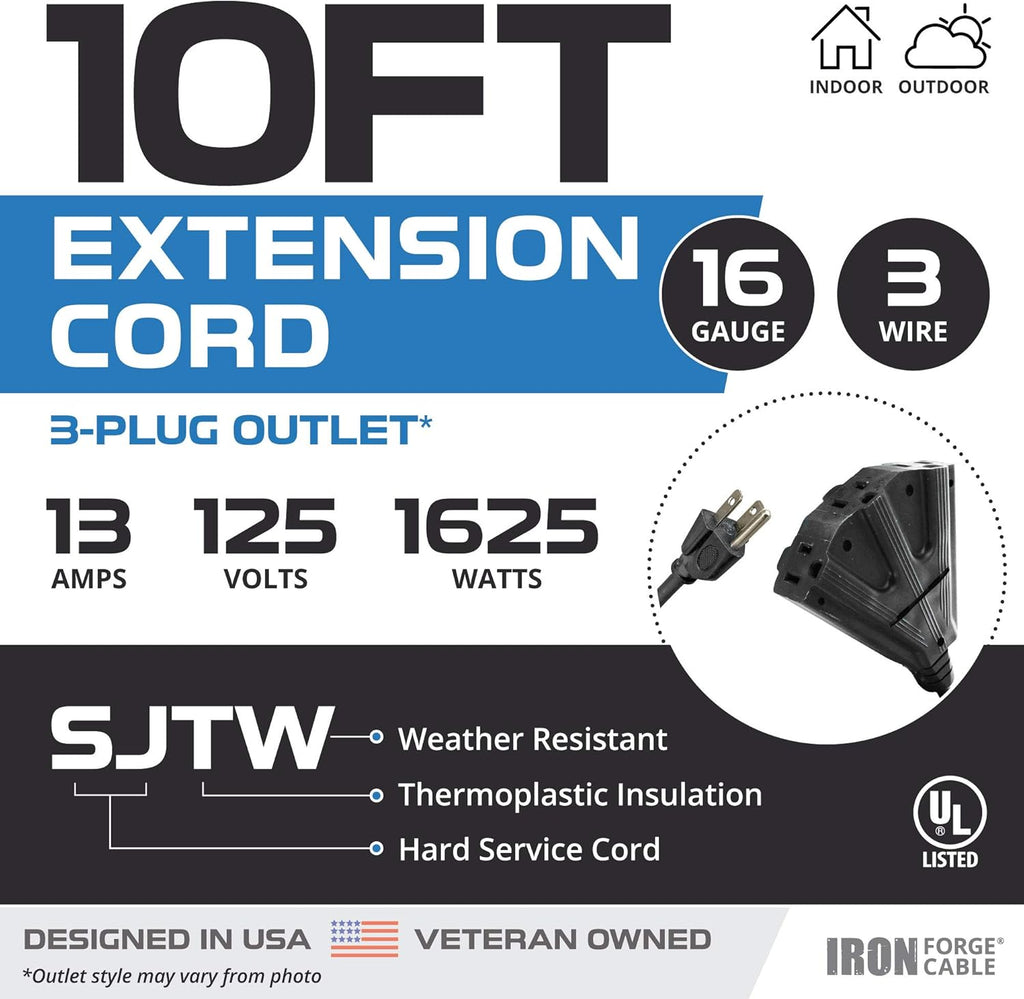 2 Pack 25 Ft Outdoor Extension Cords with 3 Electrical Power Outlets, 16/3 SJTW Black Cable with 3 Prong Grounded Plug L523546