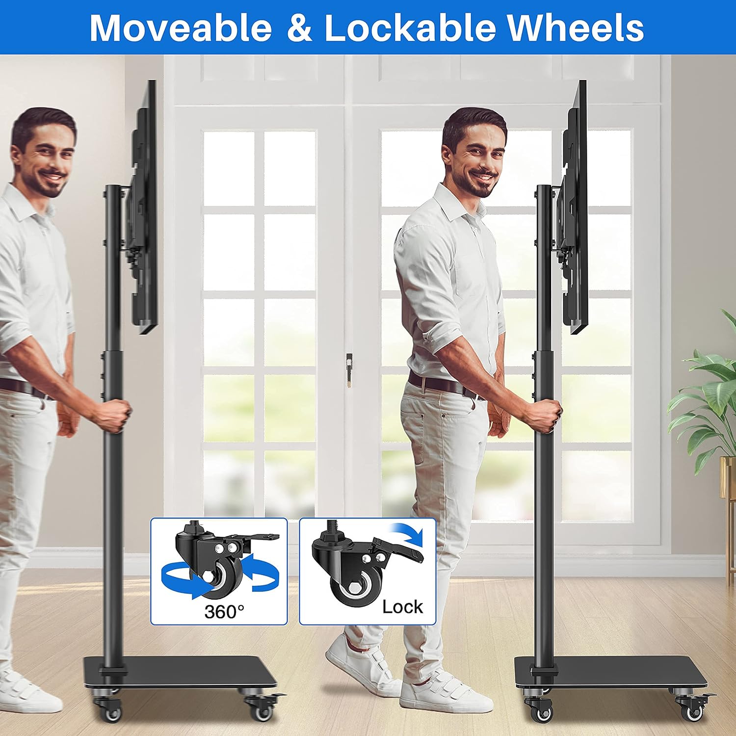 Tall TV Stand with Wheels, Height Adjustable, Max VESA 600x400mm U644075