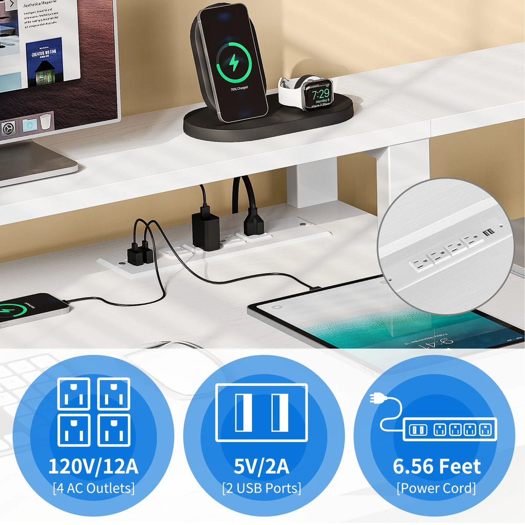 White L Shaped Desk with Power Outlets and Monitor Stand, 3 Drawers, 4 Open Storage Shelves G211