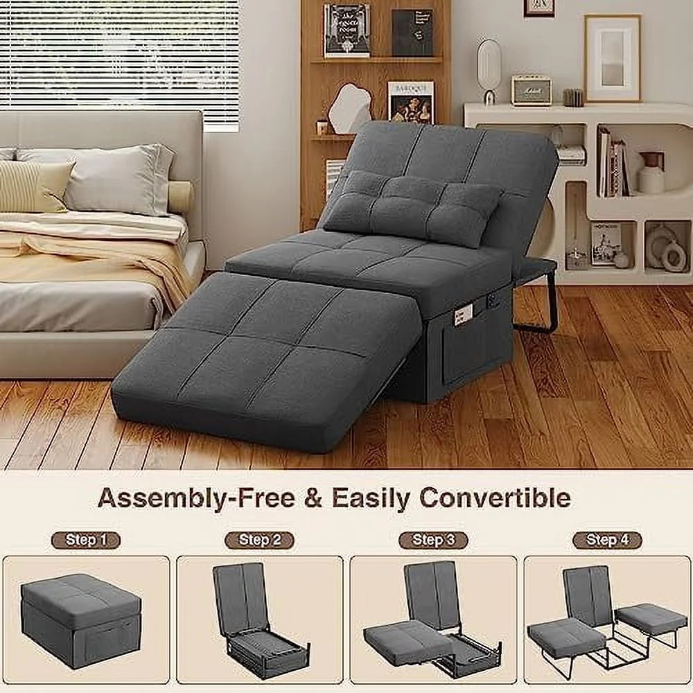 4 in 1 Convertible Chair Sofa Bed with Adjustable Backrest Linen Fabric Dark Grey H852