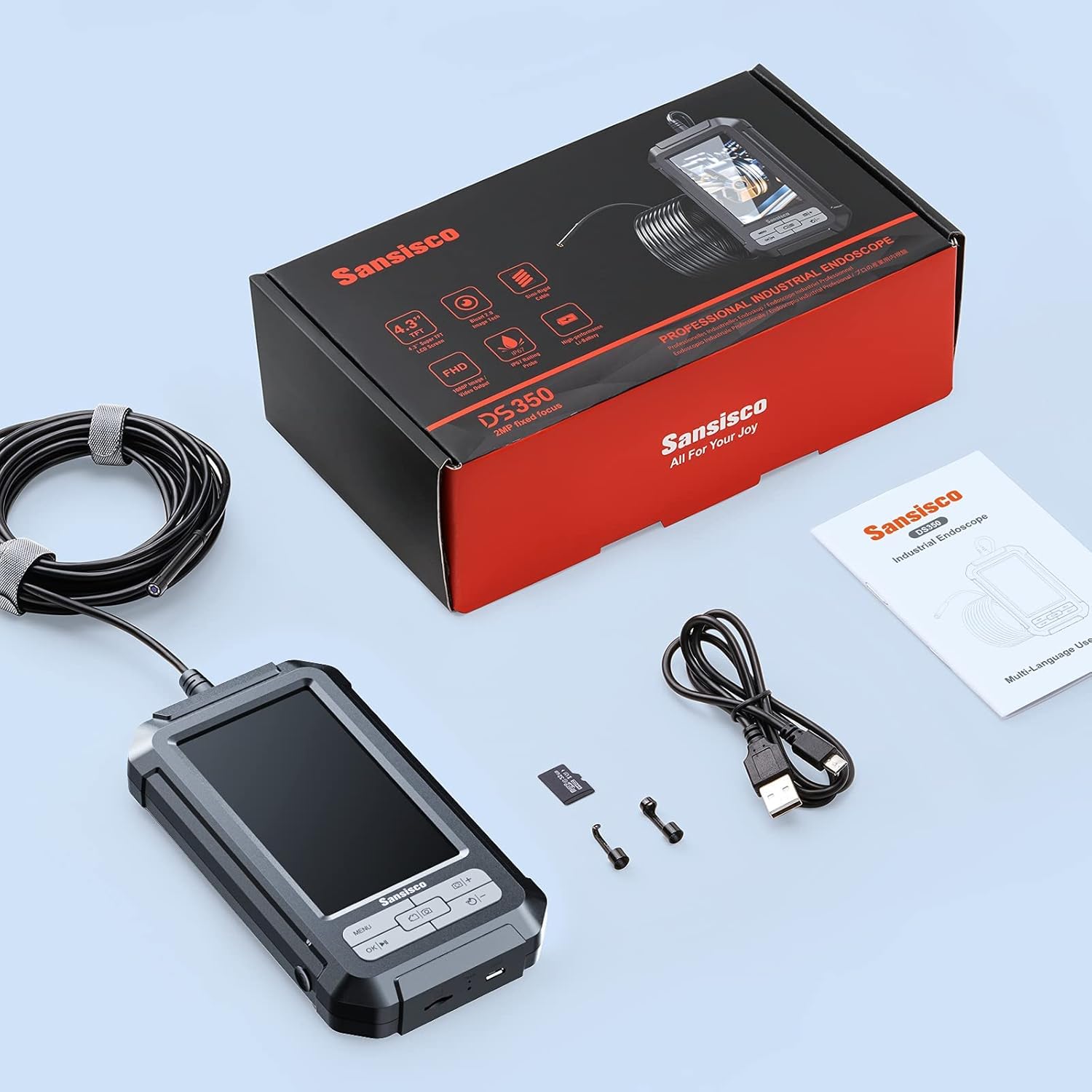 1080P HD Digital Endoscope with 5.5 mm Thin Probe, 4.3-Inch LCD Screen, IP67 Waterproof, 16.5ft Semi-Rigid Cable T409291