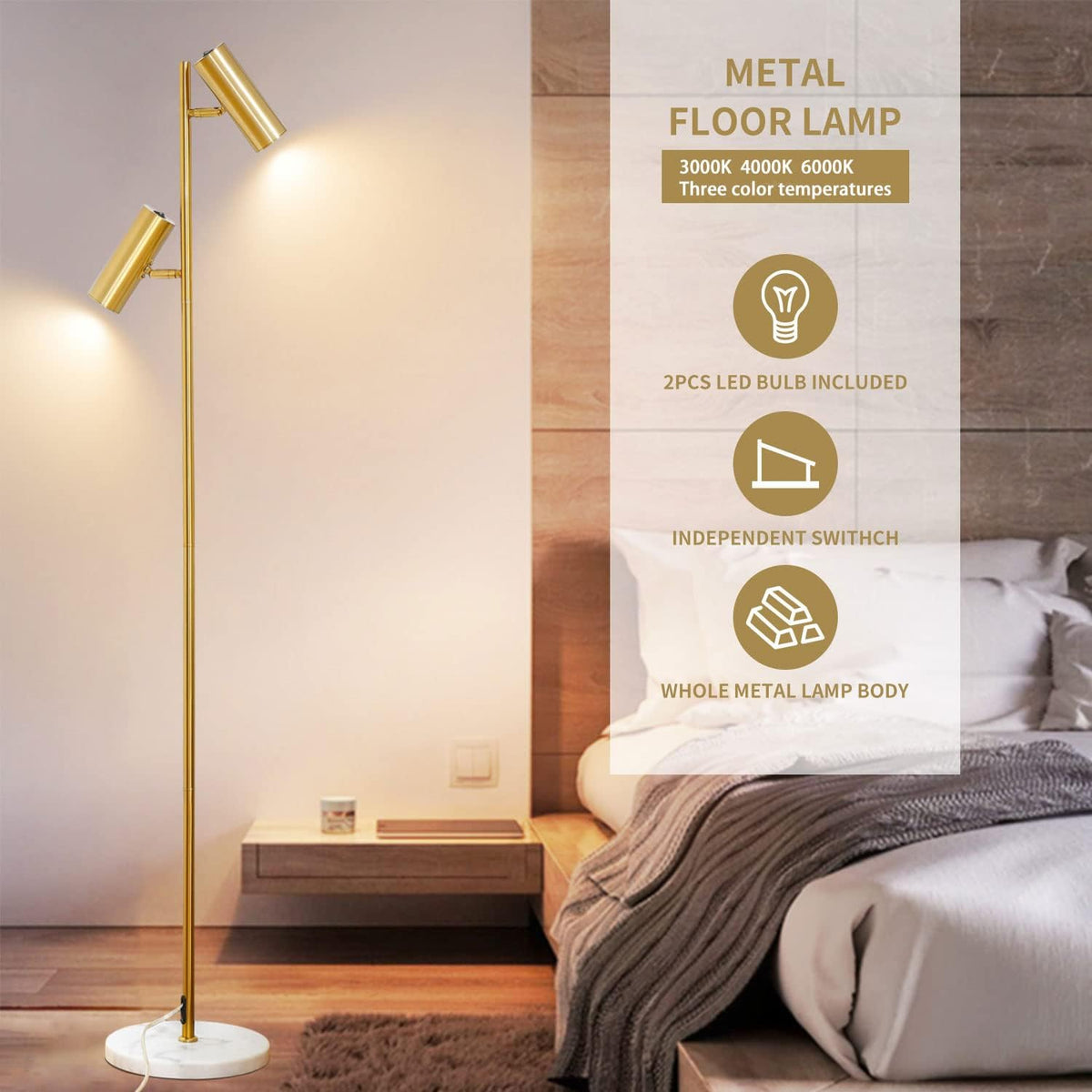 Double Head Floor Lamp with Foot Switch, Brass/Gold Finish P6530