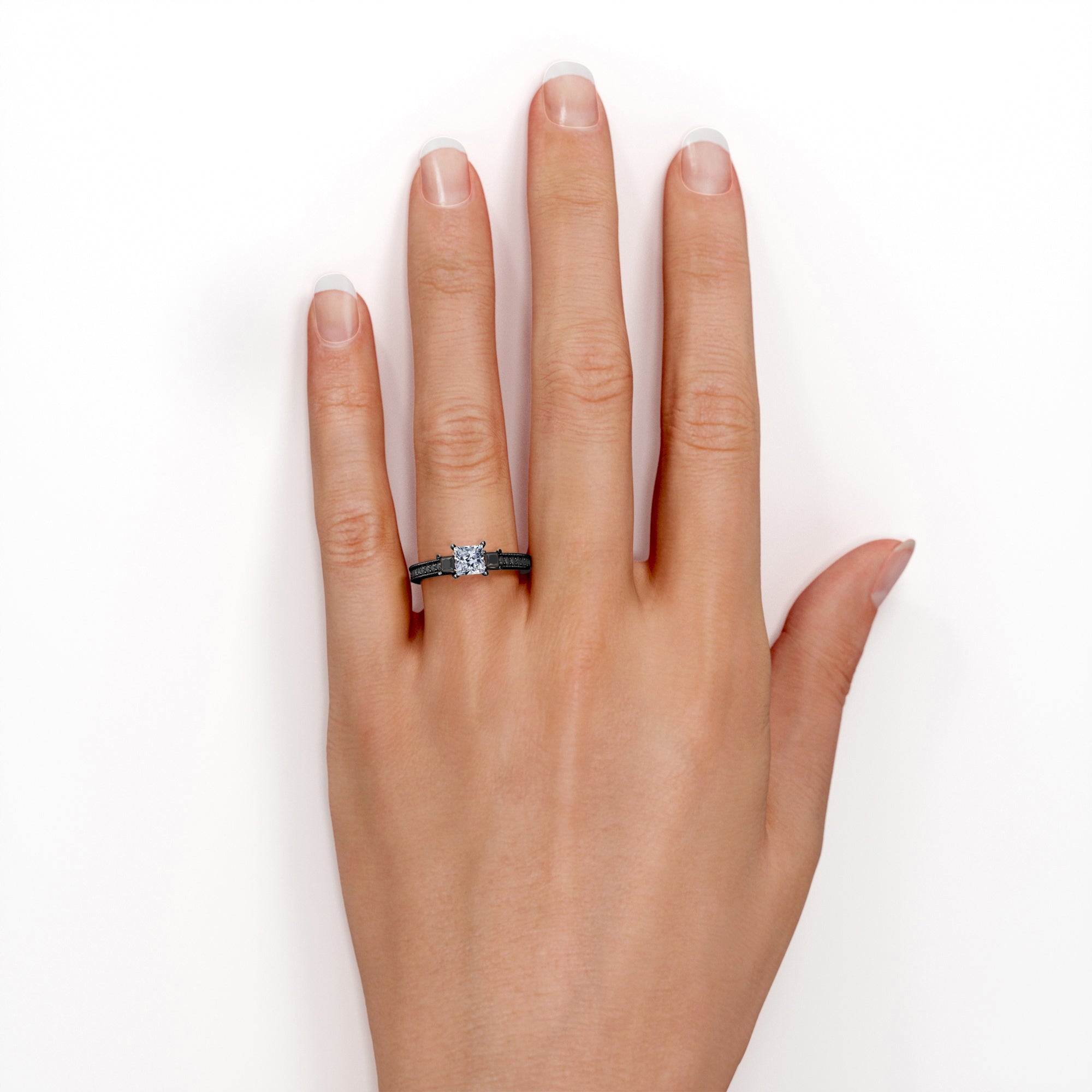 0.5 TCW Princess Cut Moissanite Engagement Ring with Lab Created Black Diamond C2918