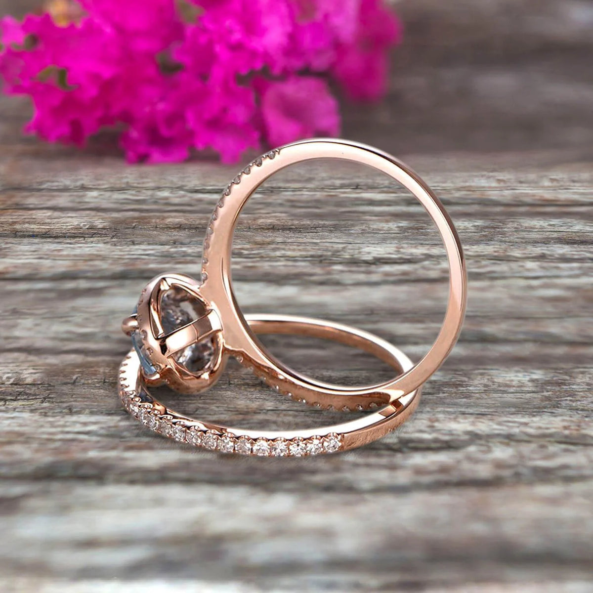 Oval Cut 2.50 Carat Aquamarine Bridal Ring Set Engagement Ring on 10K Rose Gold Stacking Diamond Wedding Band C684