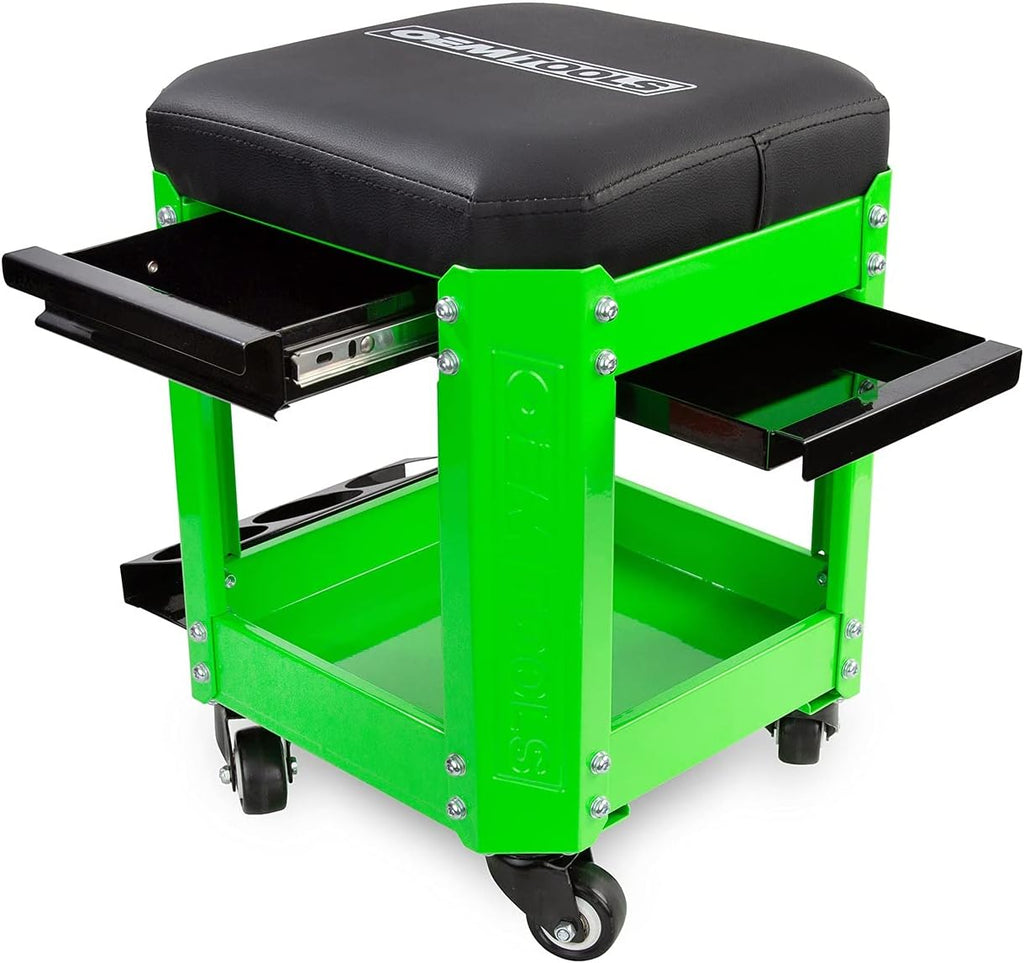 Green Rolling Workshop Mechanics Creeper Seat with 2 Tool Storage Drawers D741