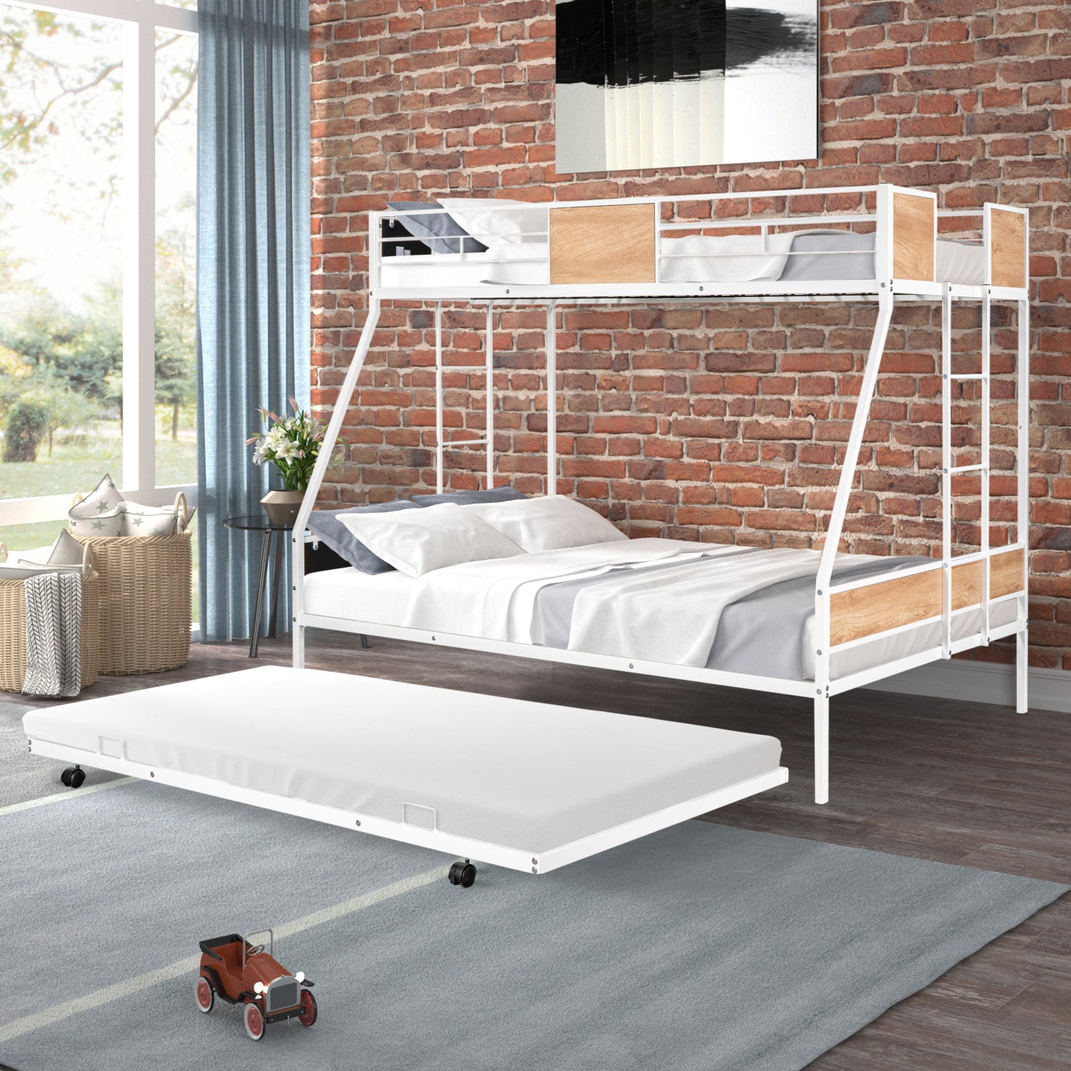 Twin Over Twin Full Metal Bunk Bed Frames with Trundle & Two-Side Ladders A545