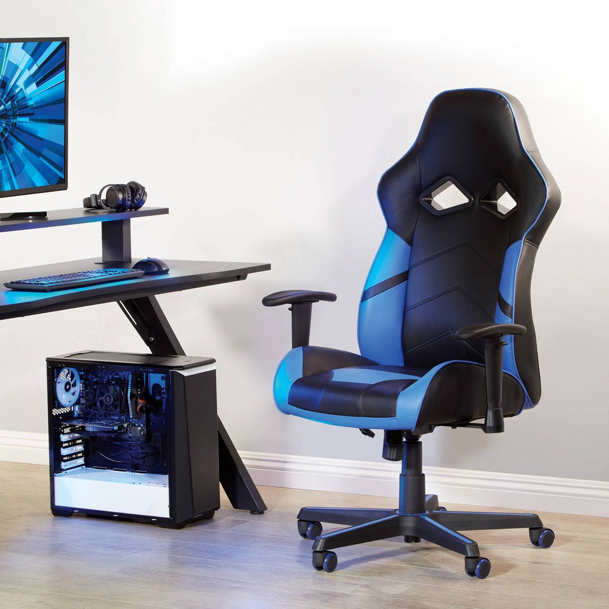 Black Faux Leather Gaming Chair with Blue Accents N208