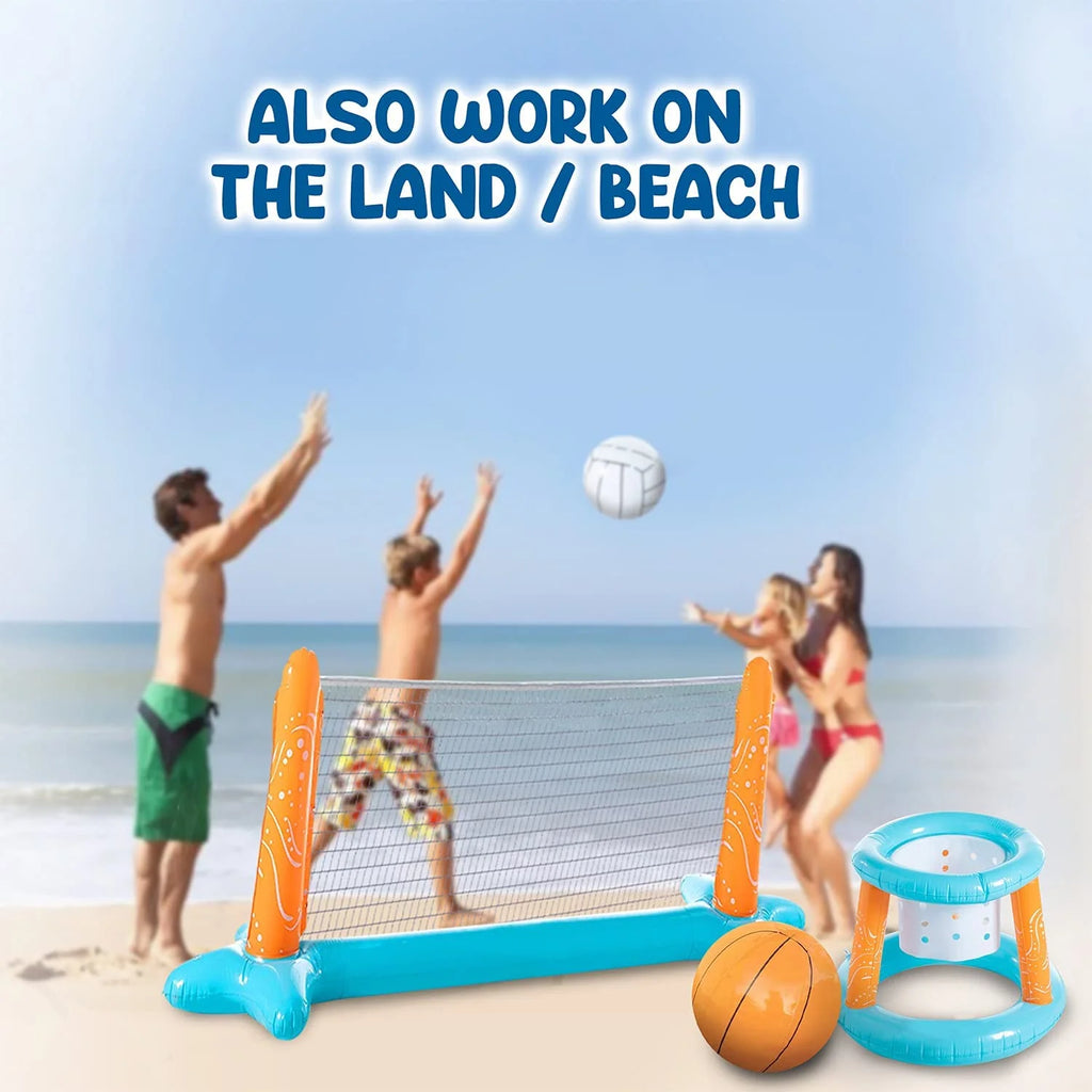 Light Blue Inflatable Pool Game Set with Volleyball Net, Basketball Hoops and Balls O47840