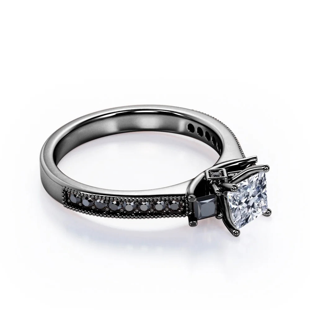 0.5 TCW Princess Cut Moissanite Engagement Ring with Lab Created Black Diamond C2918