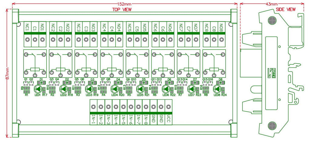 DIN Rail Mount 8 SPDT Power Relay Interface Module, DC 12V, Pack of 2 W815