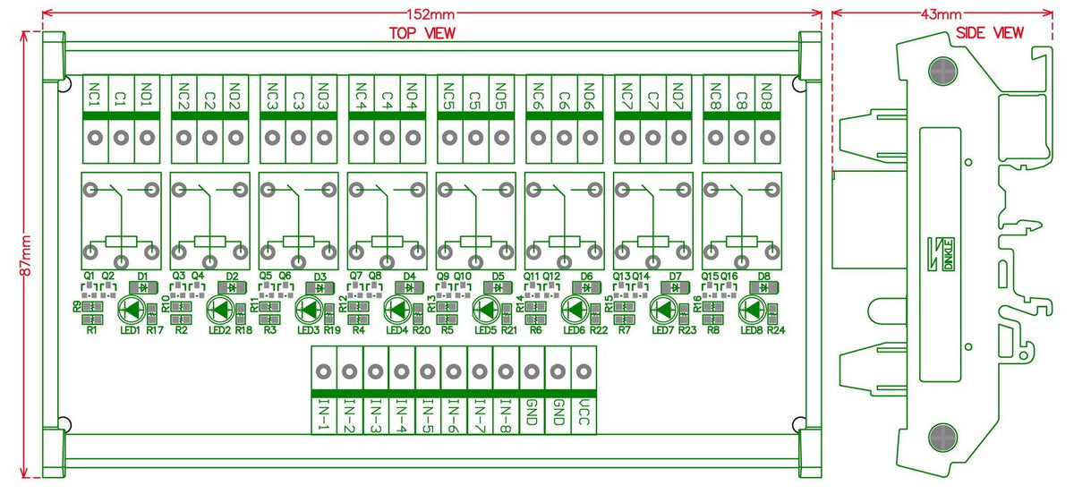 DIN Rail Mount 8 SPDT Power Relay Interface Module, DC 12V, Pack of 2 W815