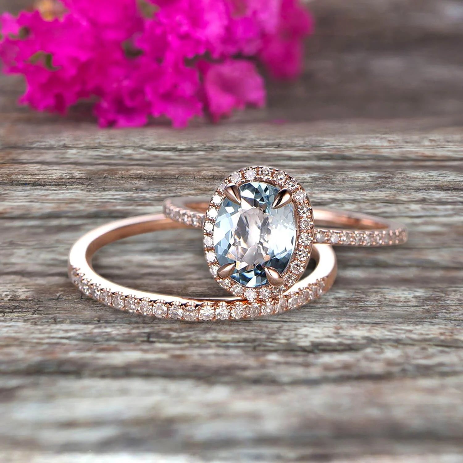 Oval Cut 2.50 Carat Aquamarine Bridal Ring Set Engagement Ring on 10K Rose Gold Stacking Diamond Wedding Band C684