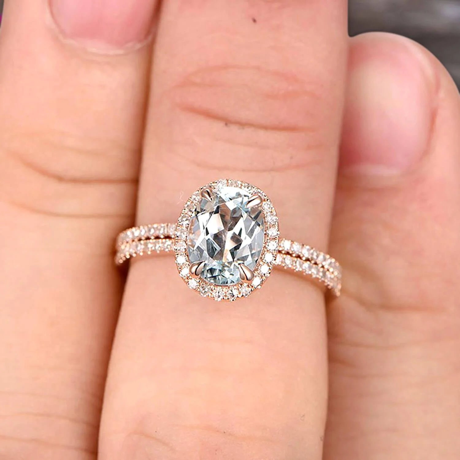Oval Cut 2.50 Carat Aquamarine Bridal Ring Set Engagement Ring on 10K Rose Gold Stacking Diamond Wedding Band C684