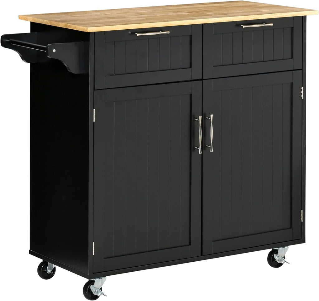 White Rolling Kitchen Island with Rubberwood Top and Drawers O67918