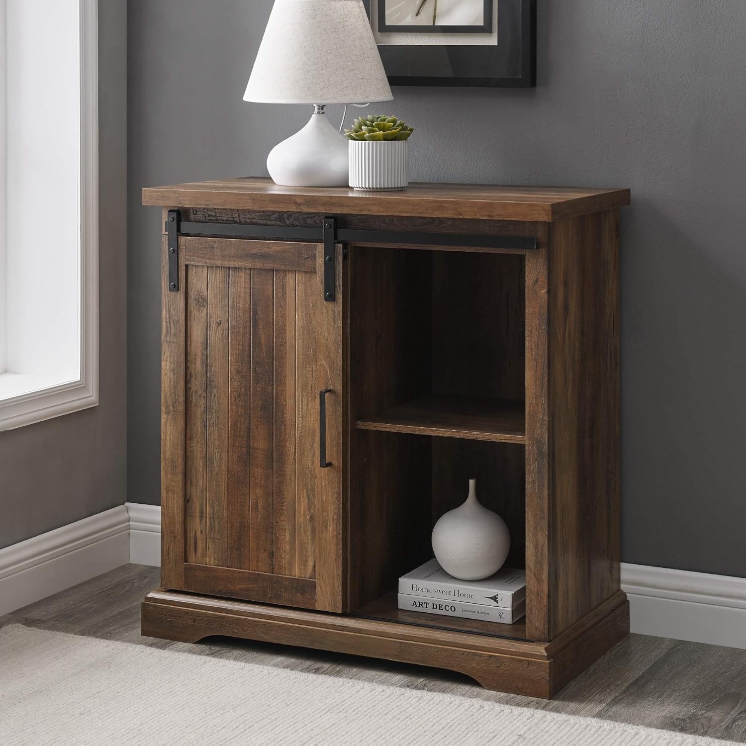 White Oak Sliding Slat Door Storage Cabinet A9558