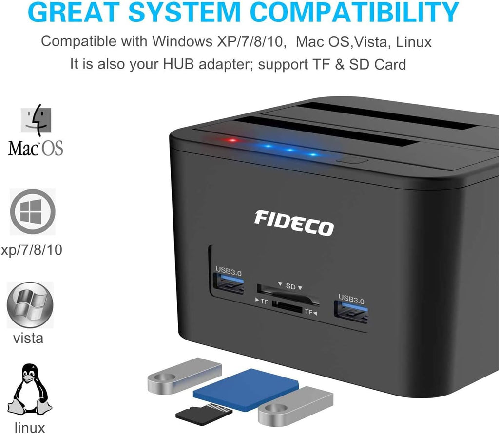USB 3.0 to SATA Dual-Bay External HDD Dock with Offline Clone Function and TF & SD Card Slots, Pack of 2 J773931