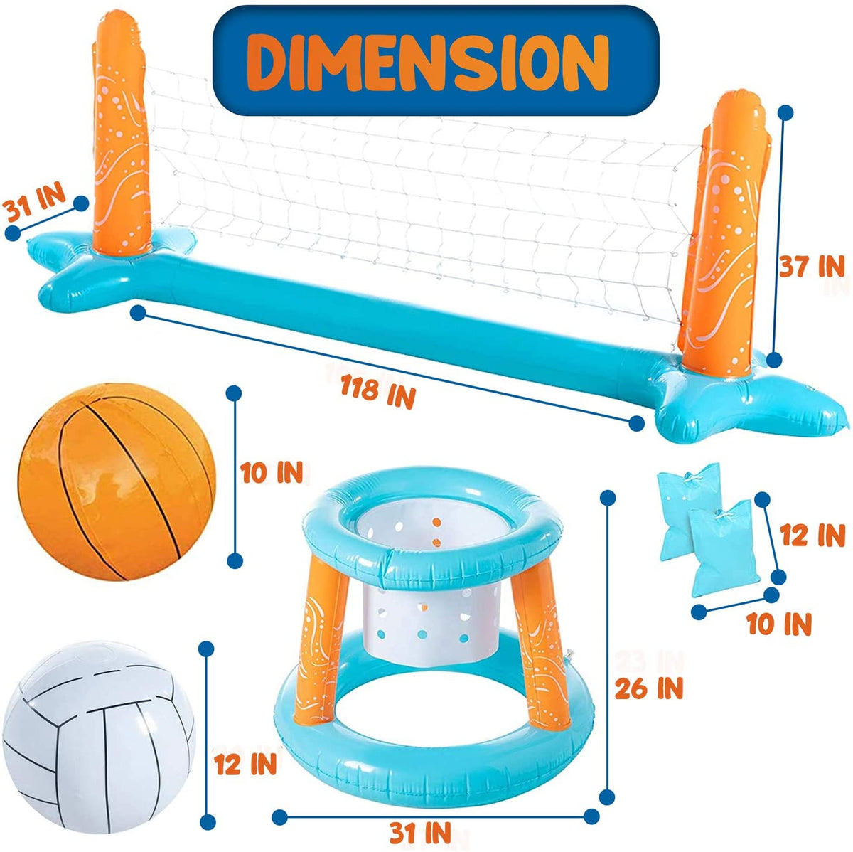 Light Blue Inflatable Pool Game Set with Volleyball Net, Basketball Hoops and Balls O47840