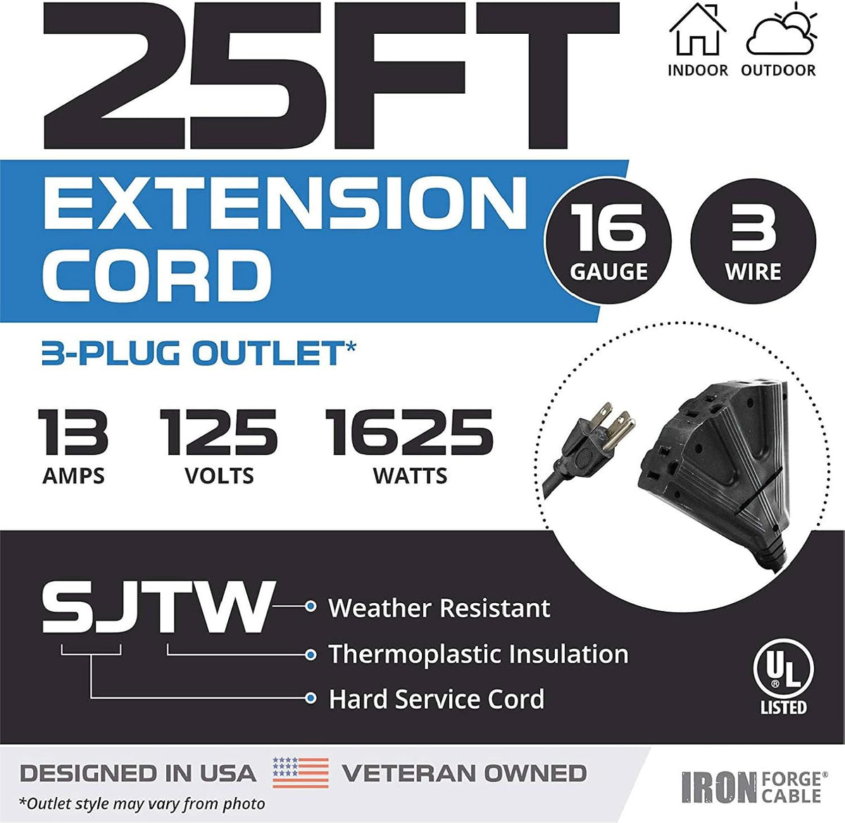 2 Pack 25 Ft Outdoor Extension Cords with 3 Electrical Power Outlets, 16/3 SJTW Black Cable with 3 Prong Grounded Plug L523546