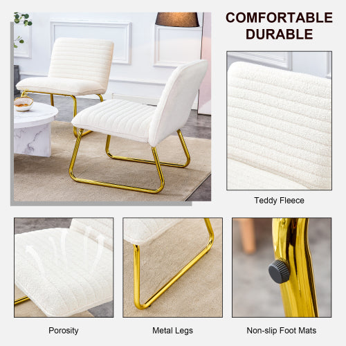 White minimalist armless sofa chair with plush cushion and backrest and golden metal legs H523