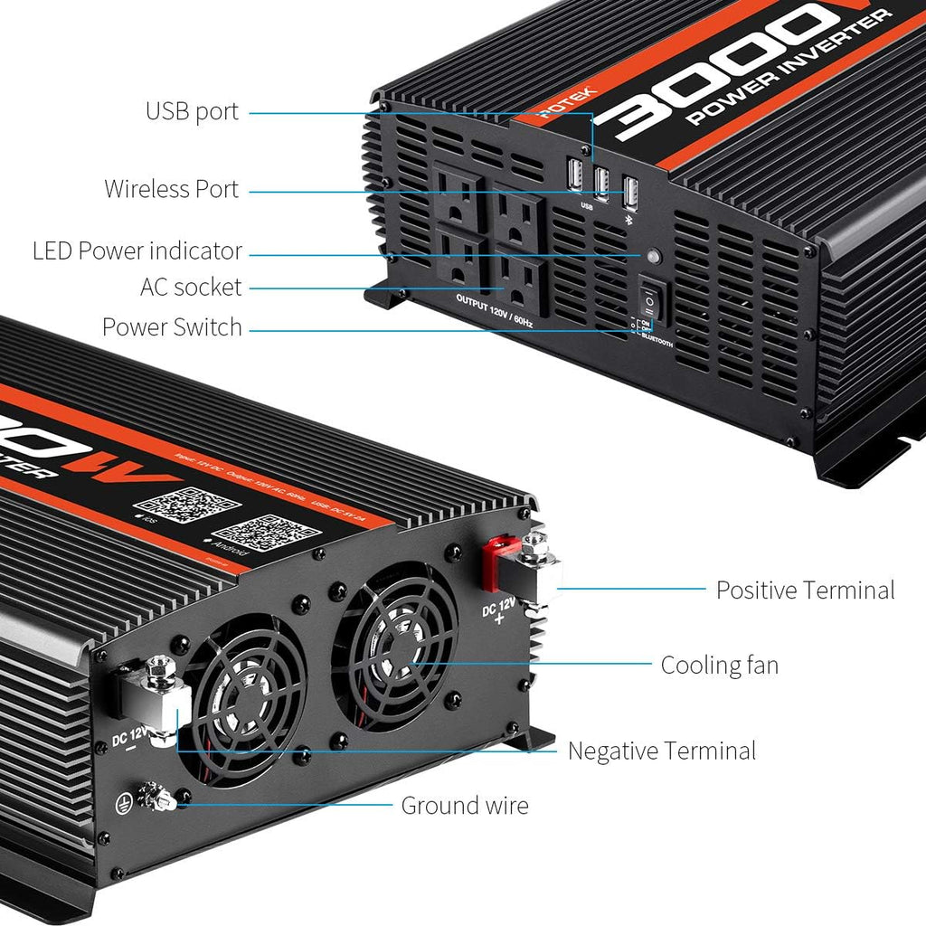 3000W Power Inverter 4 AC Outlets DC 12V to 110V AC Car Inverter with 2 USB Port and Bluetooth U78245
