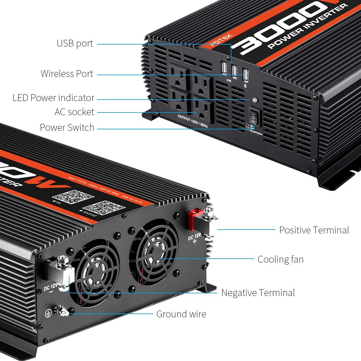 3000W Power Inverter 4 AC Outlets DC 12V to 110V AC Car Inverter with 2 USB Port and Bluetooth U78245