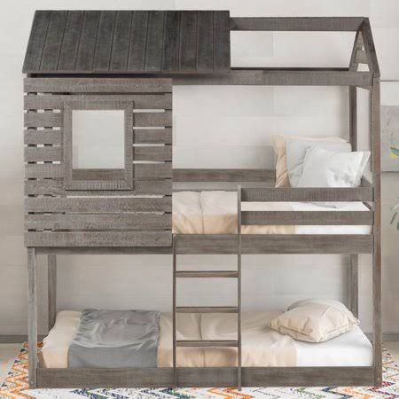 Antique Gray Wood Twin Over Twin Bunk Bed with Ladder and Safety Rail N7317