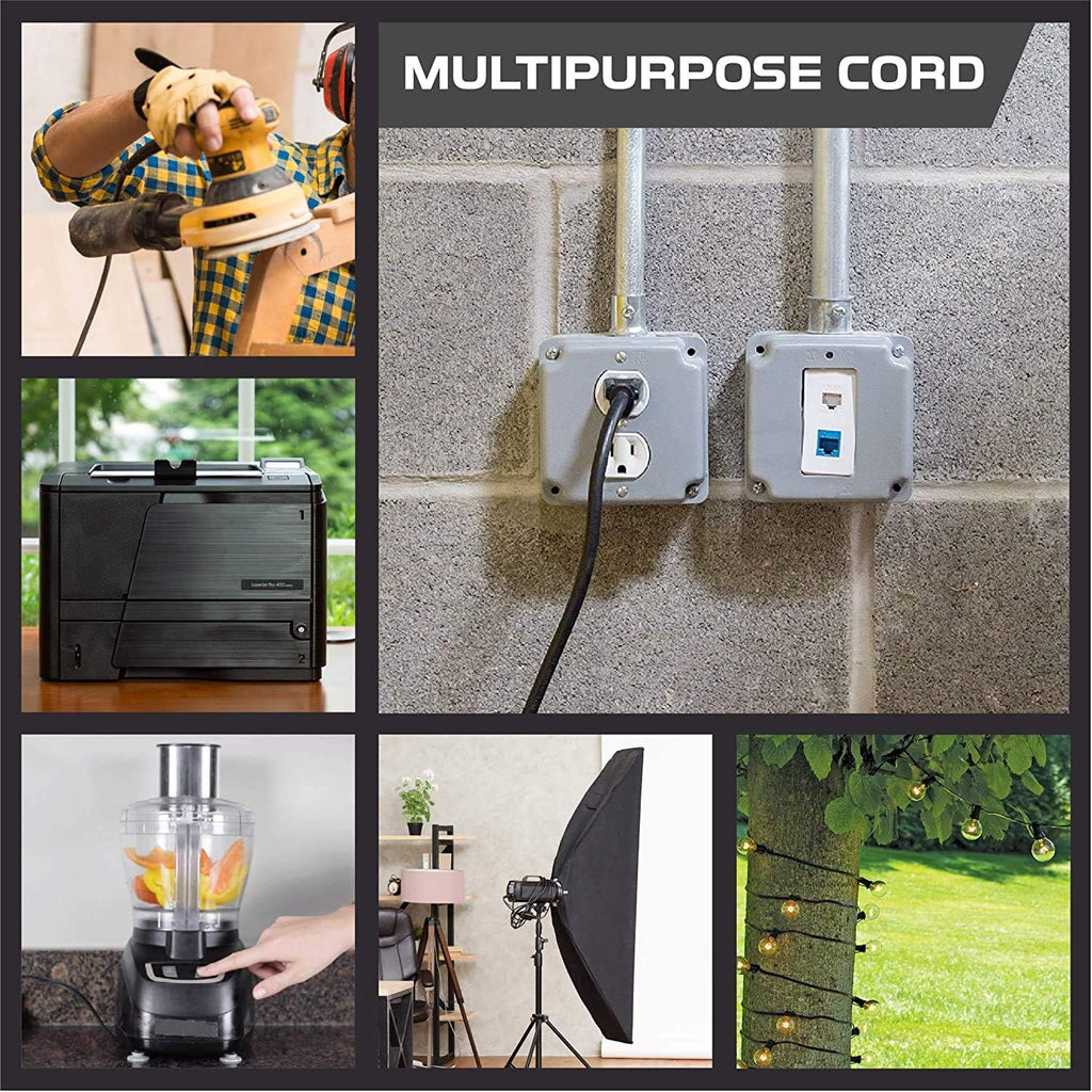 2 Pack 25 Ft Outdoor Extension Cords with 3 Electrical Power Outlets, 16/3 SJTW Black Cable with 3 Prong Grounded Plug L523546