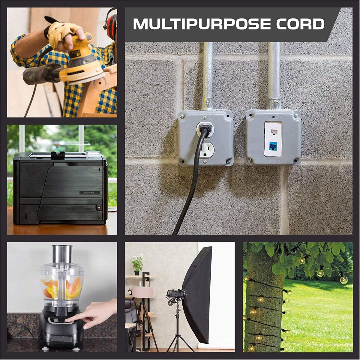 2 Pack 25 Ft Outdoor Extension Cords with 3 Electrical Power Outlets, 16/3 SJTW Black Cable with 3 Prong Grounded Plug L523546