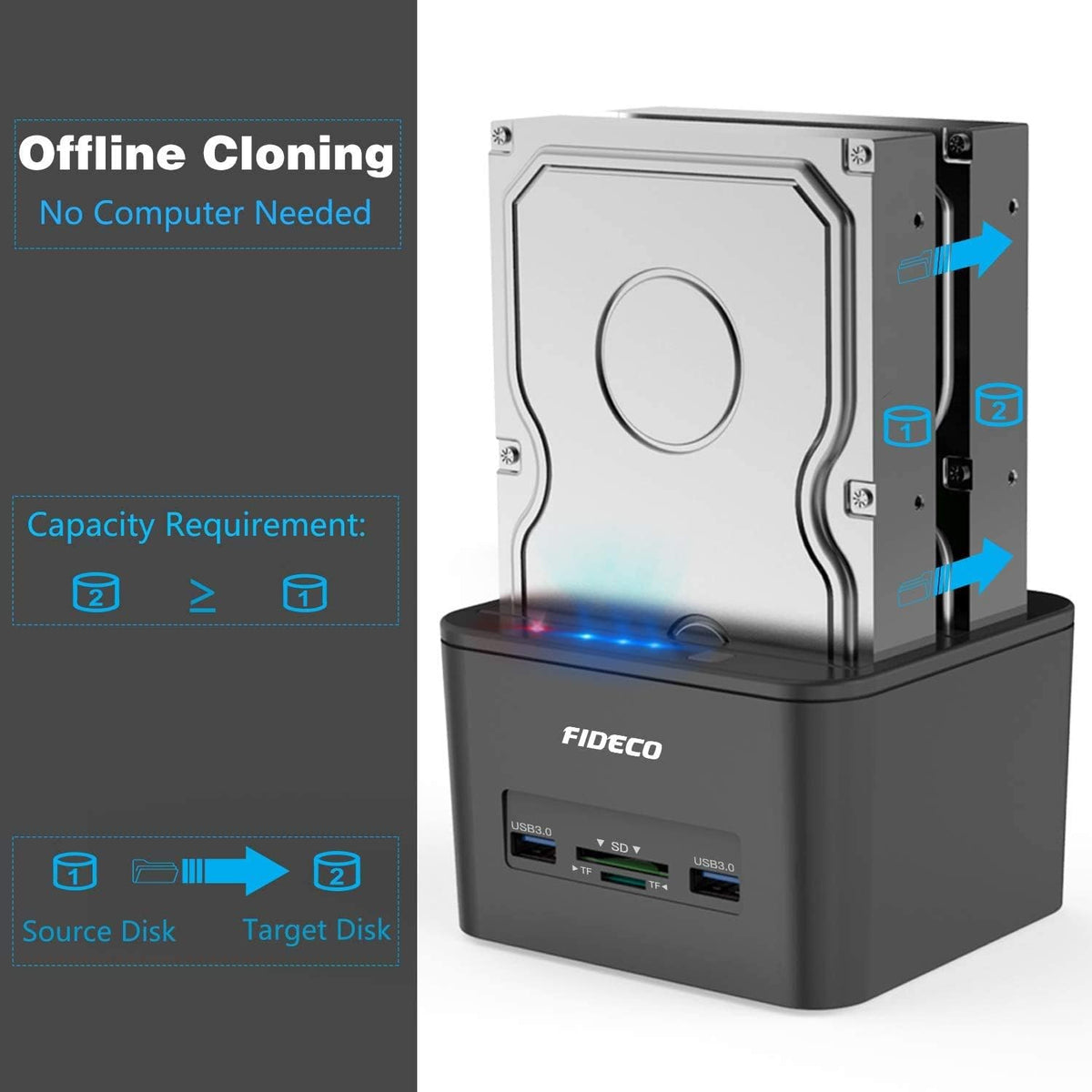 USB 3.0 to SATA Dual-Bay External HDD Dock with Offline Clone Function and TF & SD Card Slots, Pack of 2 J773931