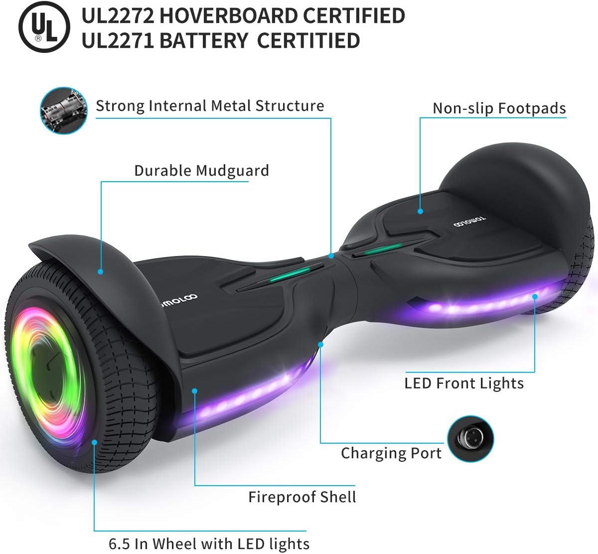 6.5 Inch Solid 2 Wheel Hoverboard with Bluetooth and LED Lights S552220