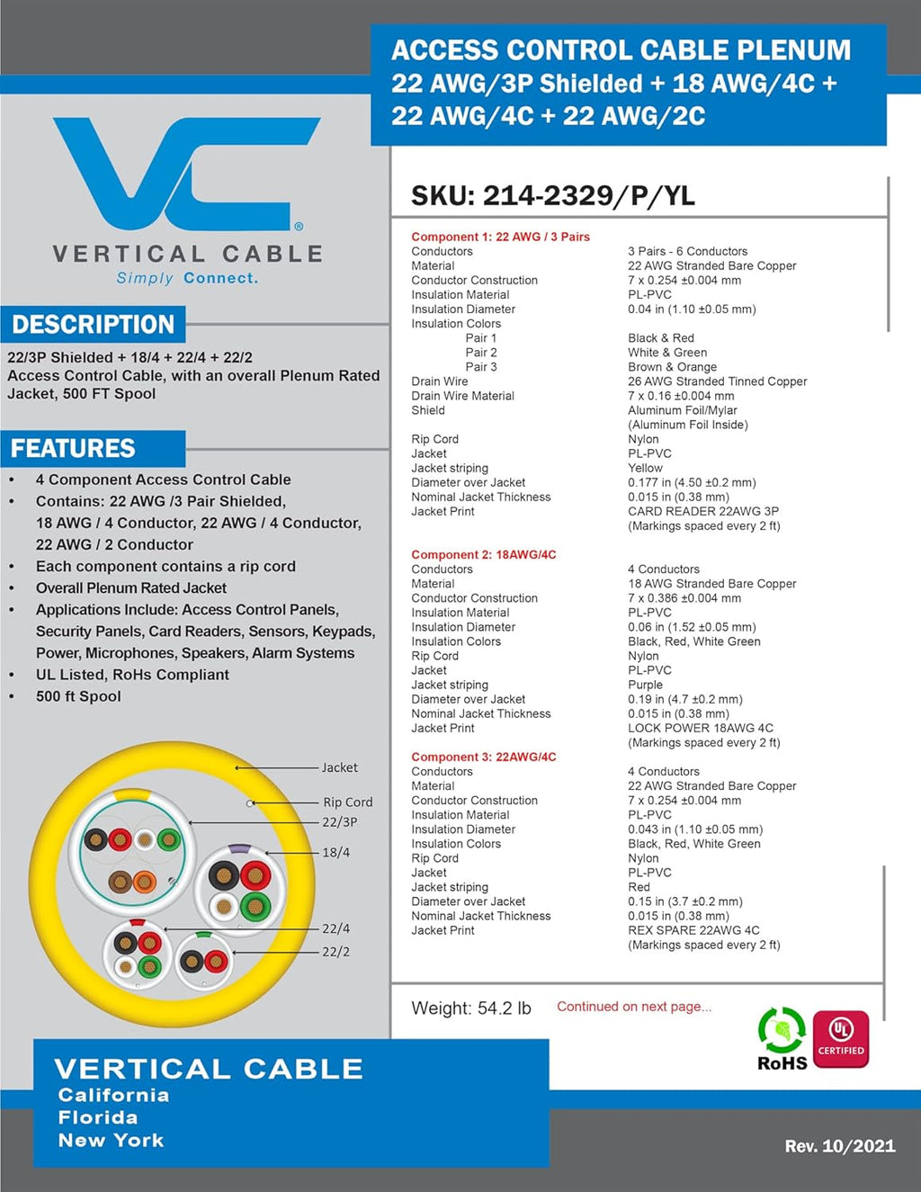 22AWG/3 Pair Shielded + 18AWG/4 Conductor + 22AWG/4 Conductor + 22AWG/2 Conductor Stranded Bare Copper Cable, 500ft Spool, Yellow M7844