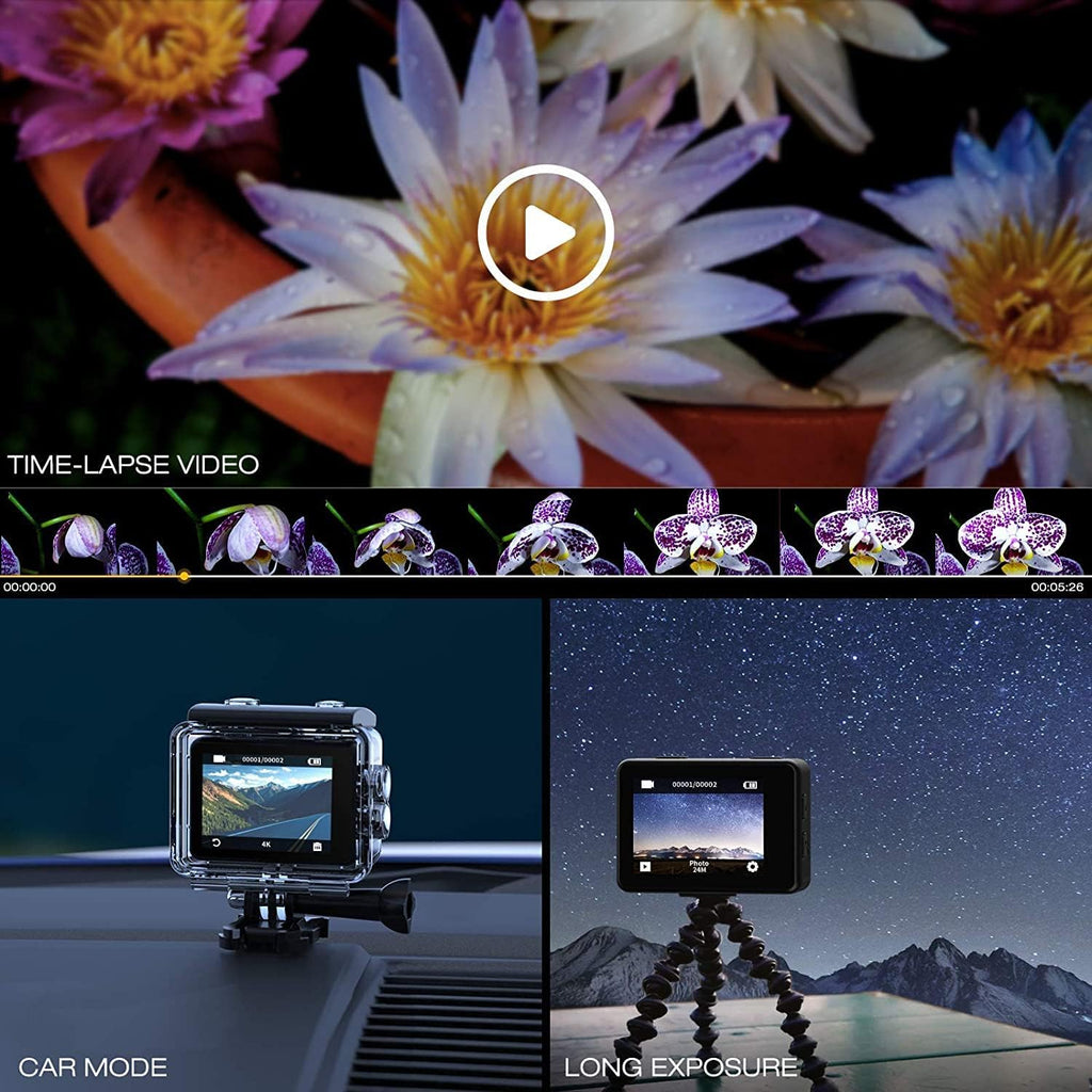 4K 20MP Waterproof Action Camera with Dual Screen and 2 Batteries V5800