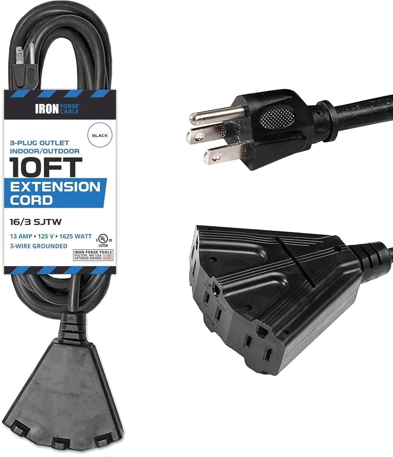 2 Pack 25 Ft Outdoor Extension Cords with 3 Electrical Power Outlets, 16/3 SJTW Black Cable with 3 Prong Grounded Plug L523546