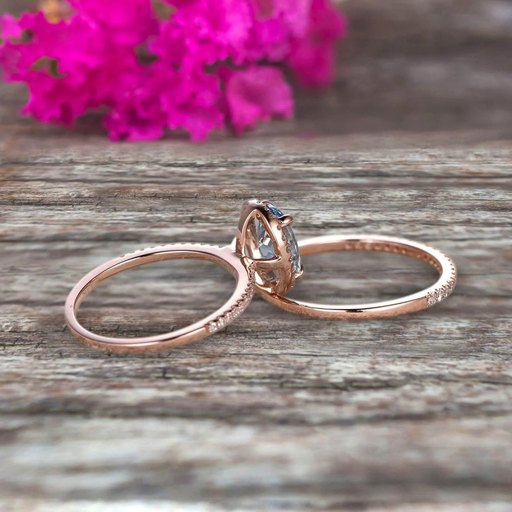Oval Cut 2.50 Carat Aquamarine Bridal Ring Set Engagement Ring on 10K Rose Gold Stacking Diamond Wedding Band C684