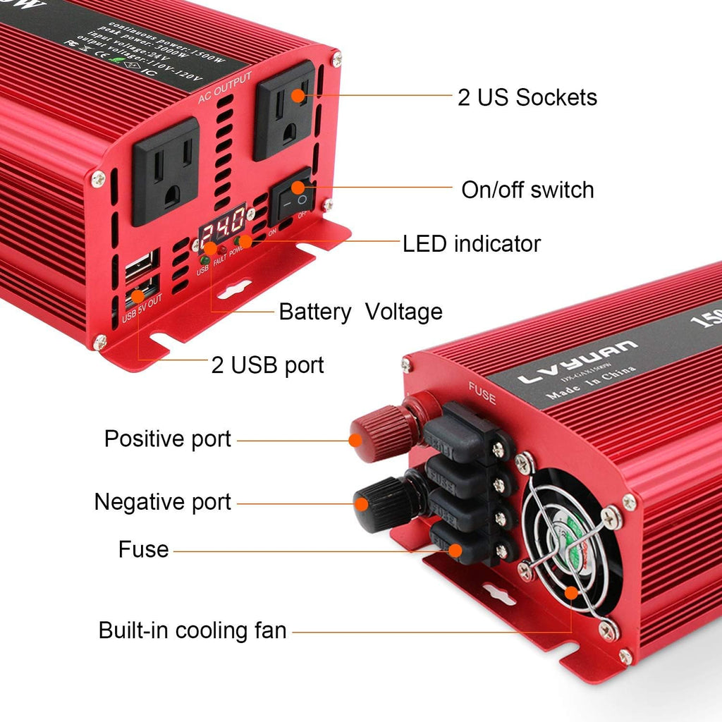 1500W DC 24V to 110V/120V AC Power Inverter with 2 AC Outlets and Dual 3.1A USB Ports Q5451