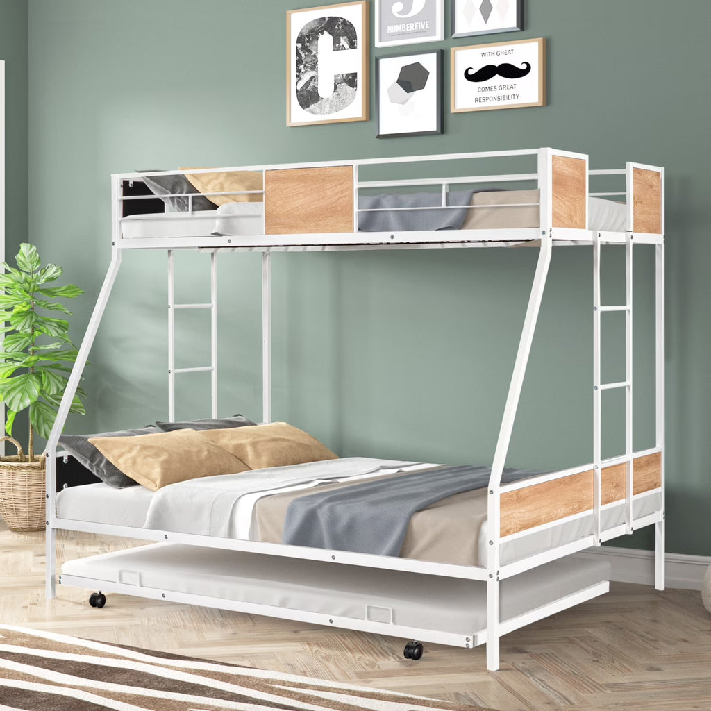 Twin Over Twin Full Metal Bunk Bed Frames with Trundle & Two-Side Ladders A545