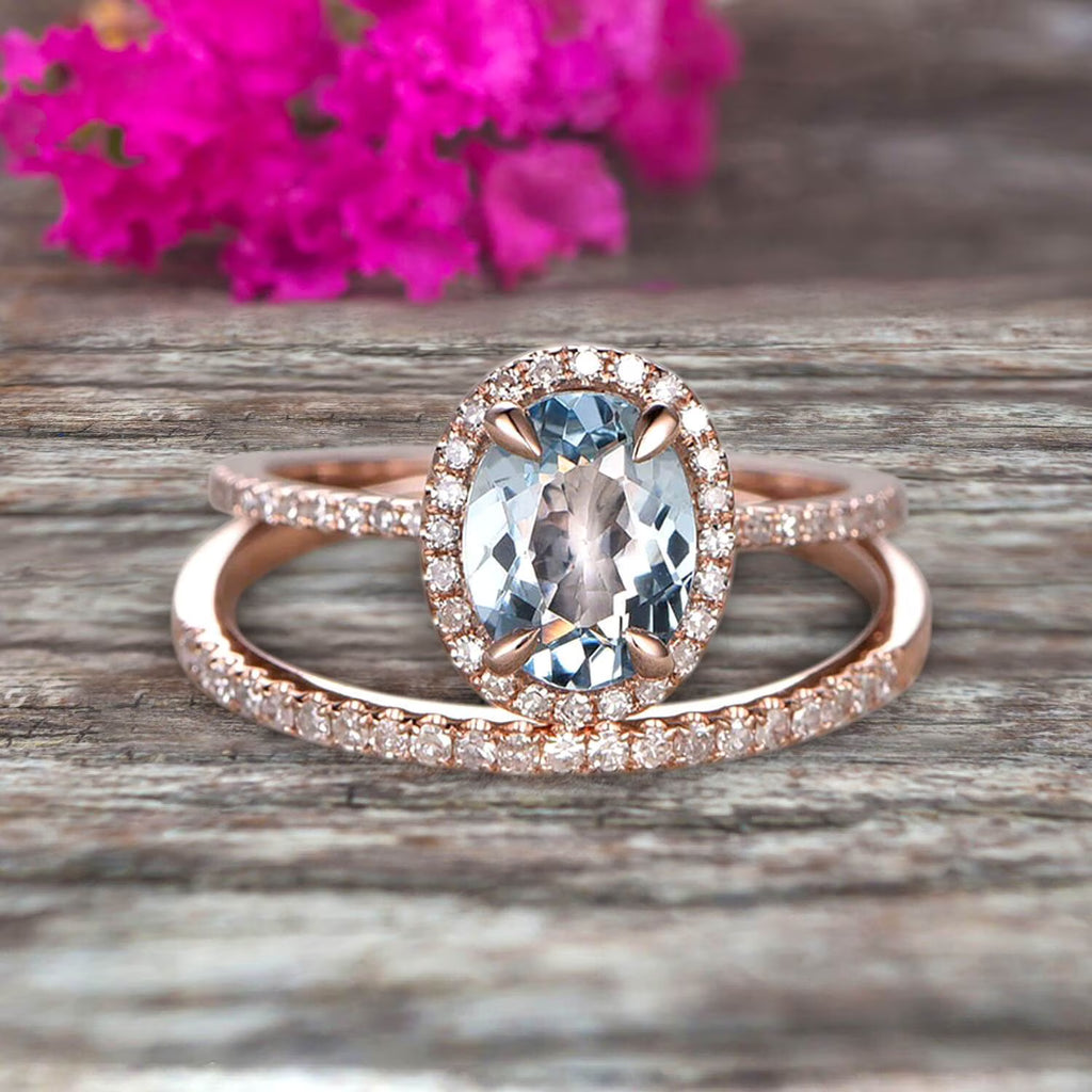 Oval Cut 2.50 Carat Aquamarine Bridal Ring Set Engagement Ring on 10K Rose Gold Stacking Diamond Wedding Band C684